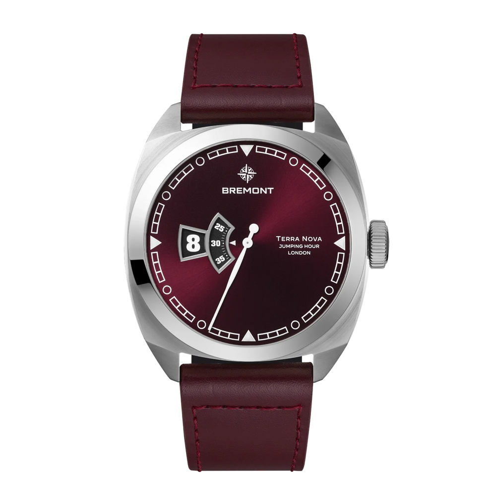 Terra Nova 40.5mm Jumping Hour Burgundy Leather Strap