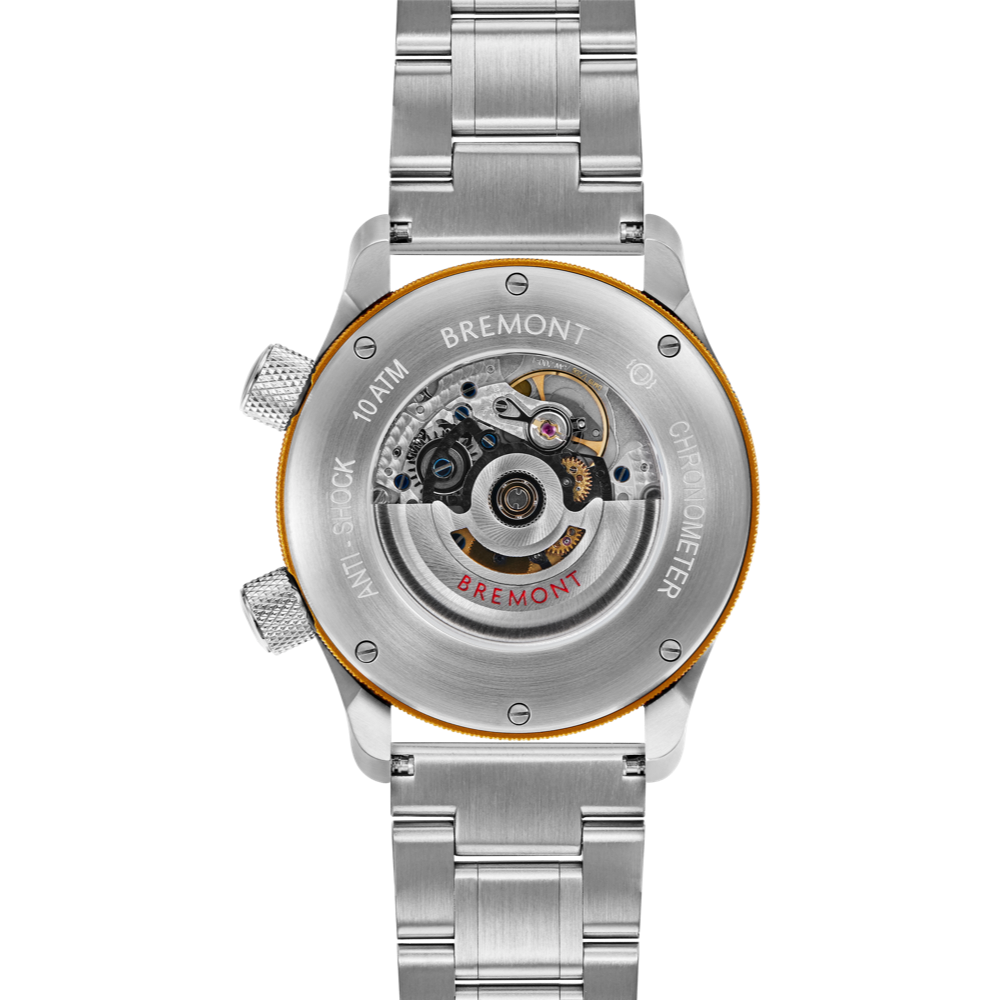 MBII Custom Stainless Steel, White Dial with Yellow Barrel & Open Case Back