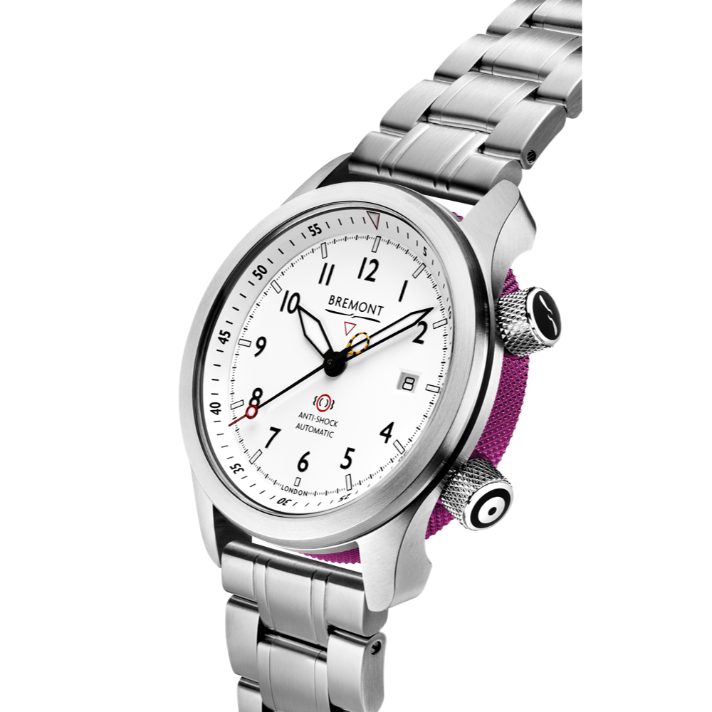 MBII Custom Stainless Steel, White Dial with Purple Barrel & Closed Case Back