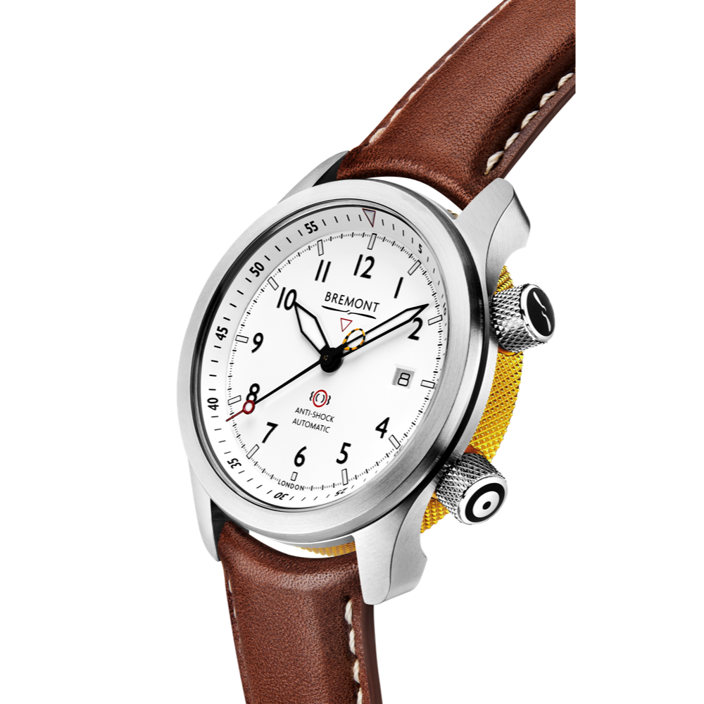 MBII Custom Stainless Steel, White Dial with Yellow Barrel & Closed Case Back